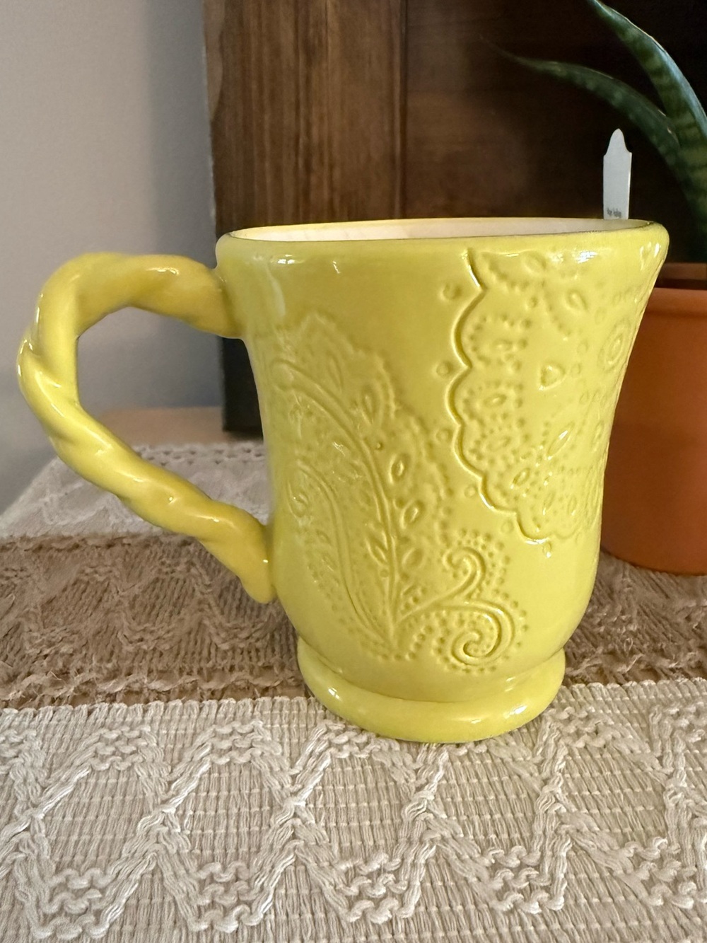 Yellow Stoneware Coffee Cup Twisted Rope Handle Raised Floral Paisley Pattern